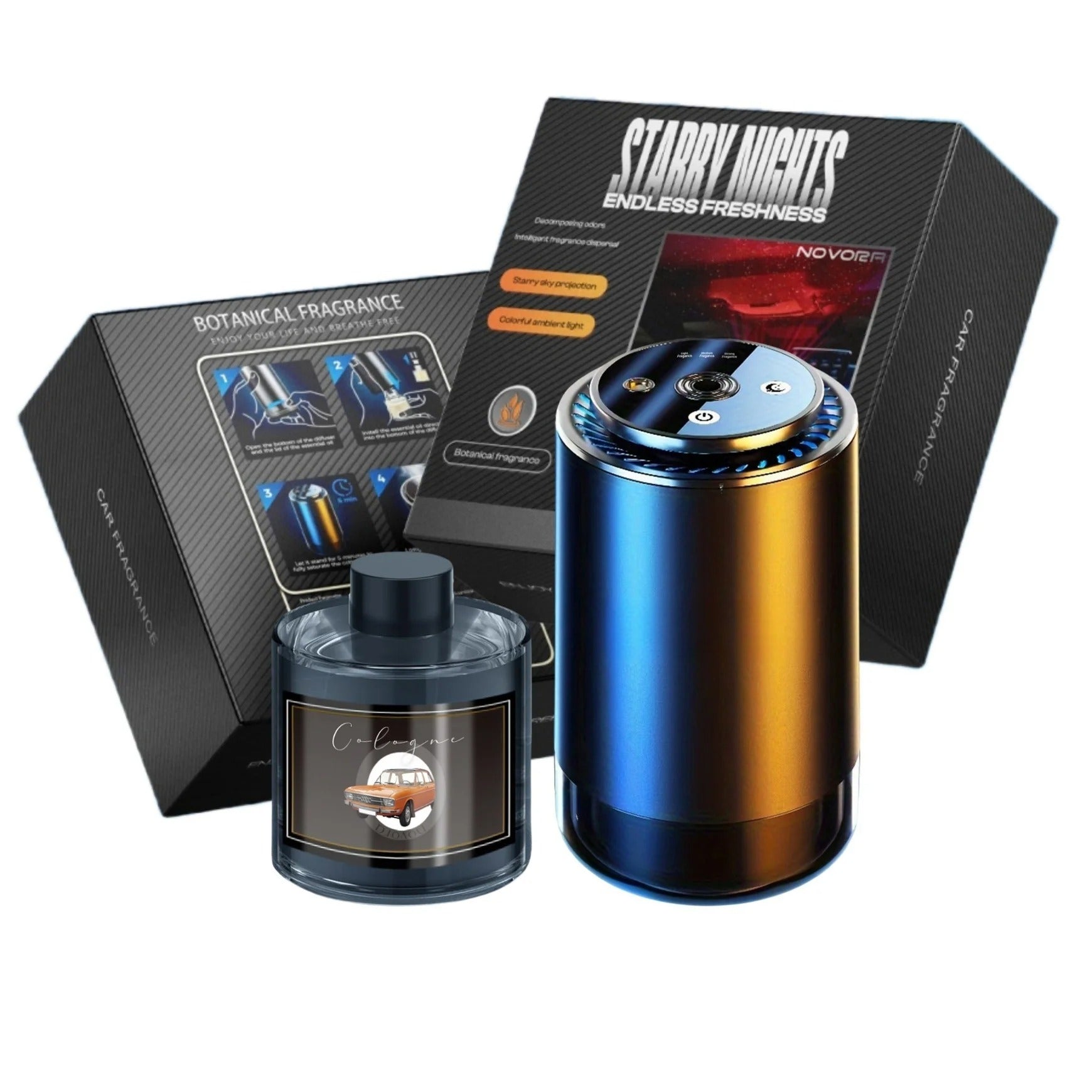 Novora Smart Car Diffuser with Starry Light and50ml Refill, - Auto Scent Air Freshener, Waterless, Auto On/Off, Lasts 180+ Days