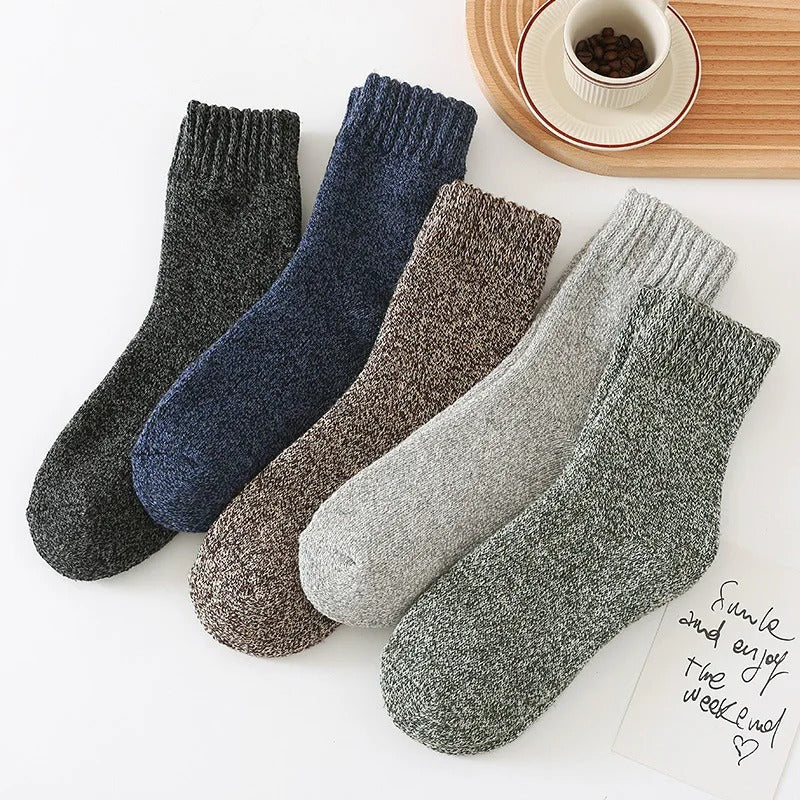 5 pairs of men's mid-calf thick winter fleece-lined thermal terry socks, blended cashmere solid color towel socks