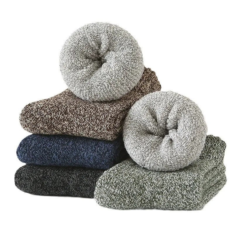 5 pairs of men's mid-calf thick winter fleece-lined thermal terry socks, blended cashmere solid color towel socks